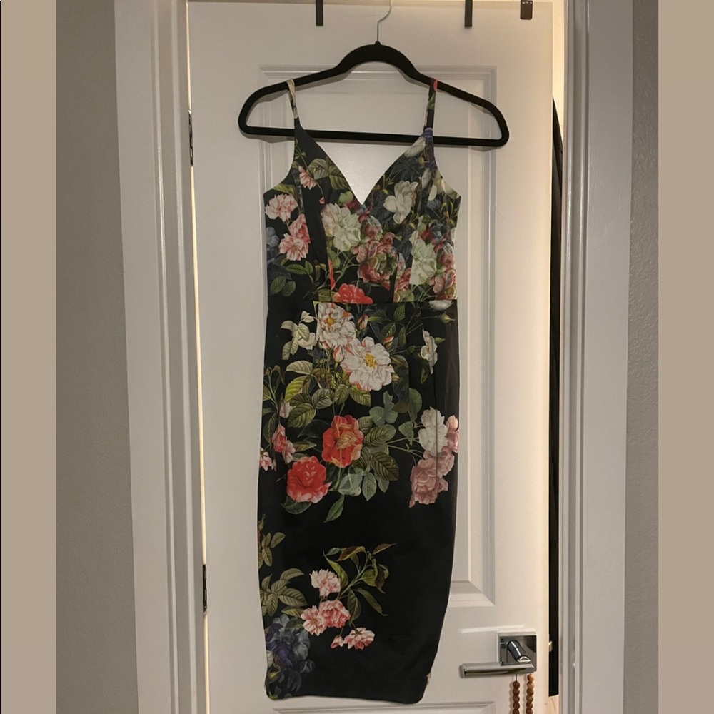 Black floral print cocktail dress—great for a wedding!!
